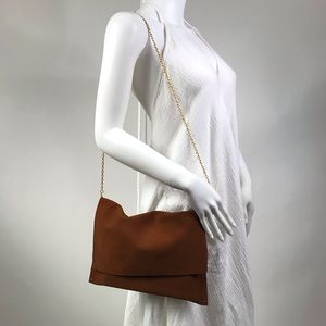 Cognac Suede Cross Body Clutch w Red Contrast Trim